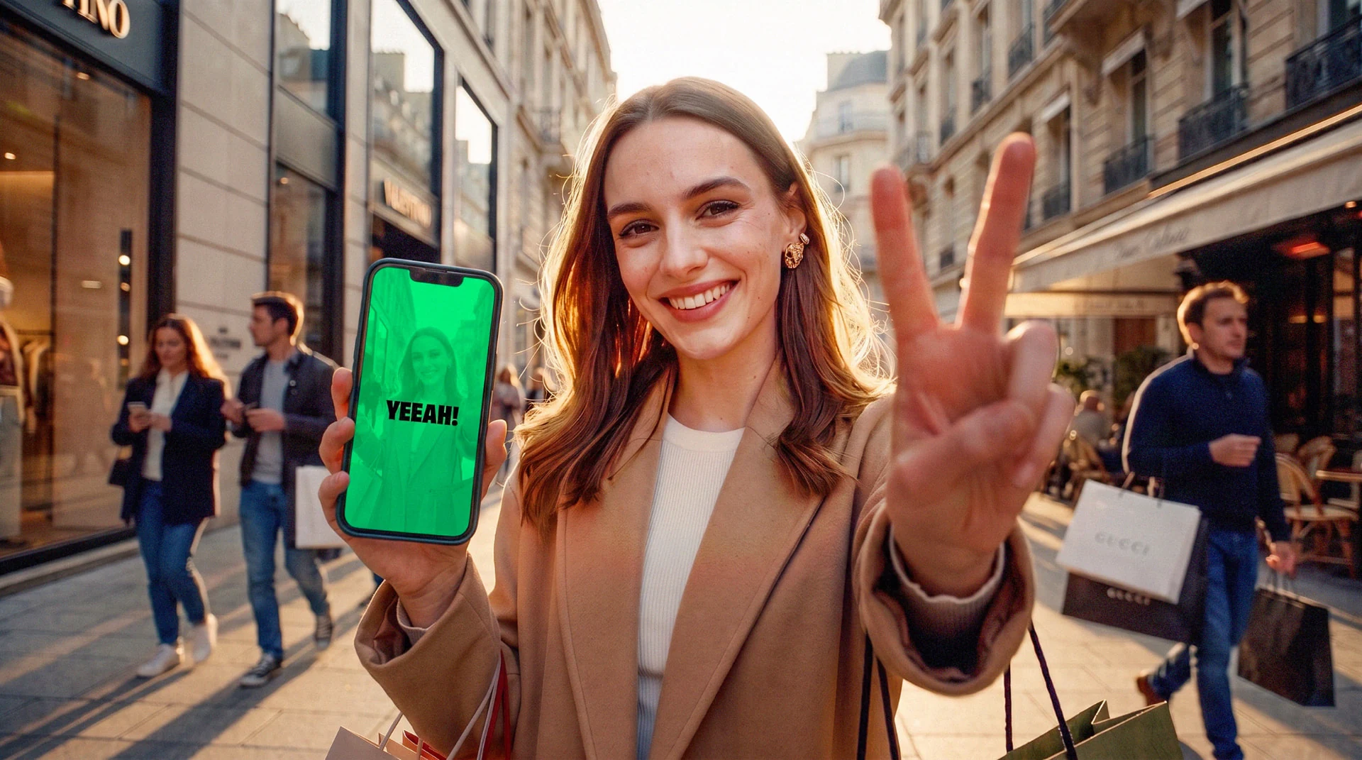 Lächelnde Frau zeigt die YEEAH! App auf dem Smartphone in einer Einkaufsstraße
